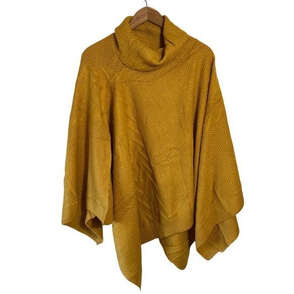 Chunky Mustard Knit Poncho Sweater Turtleneck One Size Lagenlook Cozy Fall Cape - Picture 6 of 7